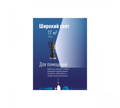 KOS115Lit Фонарь аккум. ручной КОСМОС LED 3Вт+COB 3Вт акк. Li-ion 18650 1.2А.ч. индикаторв USB-шнур