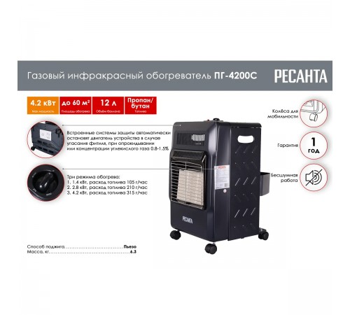 Газовый инфракрасный обогреватель Ресанта ПГ-4200С  67/5/12