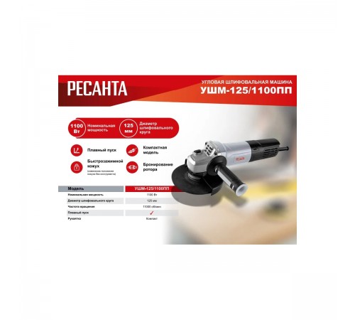 Углошлифовальная машина Ресанта УШМ-125/1100 ПП 75/12/15