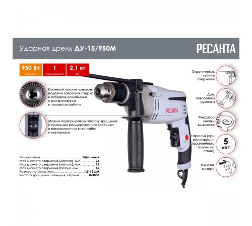 Дрель ударная Ресанта ДУ-15/950М 75/8/4