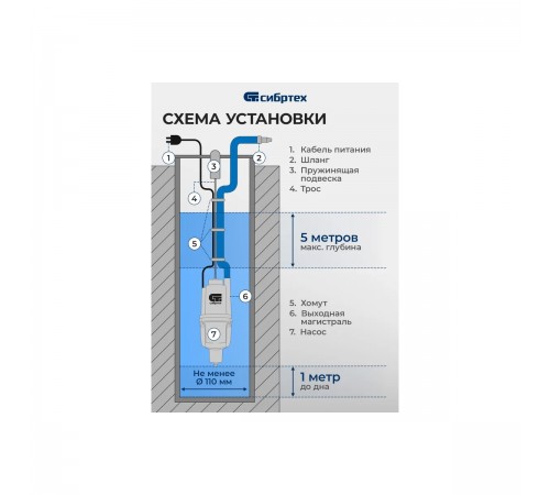 99306 Насос вибрационный Сибртех СВН300Н-15, нижний забор, 300Вт, напор 75м, 1200 л/ч, кабель 15м