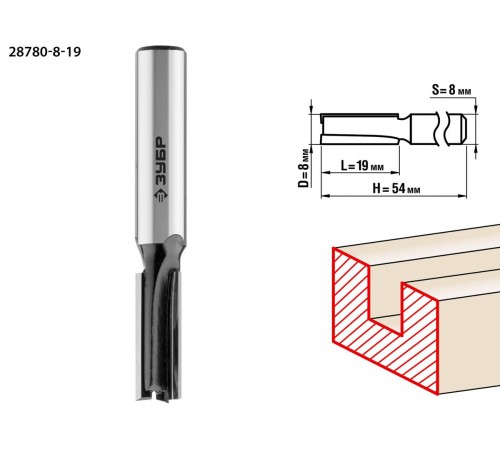 ЗУБР 8 x 19 мм, хвостовик 8 мм, фреза пазовая прямая 28780-8-19 Профессионал