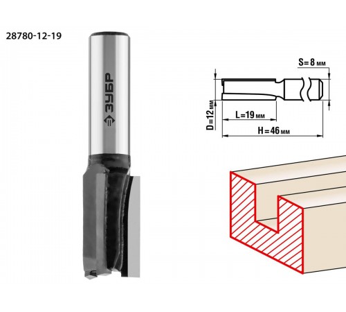 ЗУБР 12 x 19 мм, хвостовик 8 мм, фреза пазовая прямая 28780-12-19 Профессионал