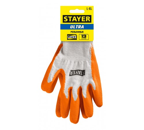 STAYER  ULTRA, L-XL, х/б перчатки с рельефным латексным покрытием, противоскользящие, 13 класс (11403-XL)