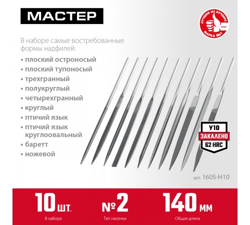 Набор ЗУБР Надфили, 140мм, 10 шт, 1605-Н10
