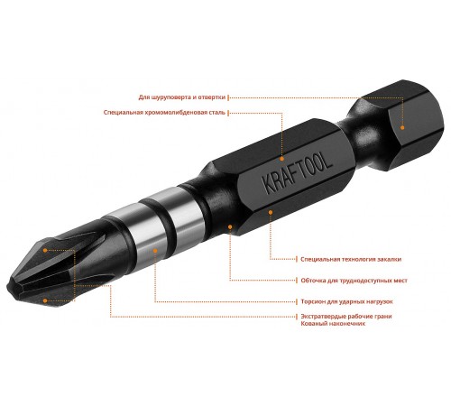 26191-2-50-S10 Биты KRAFTOOL Impact Pro, Philips, тип хвостовика Е 1/4, PH2, 50мм
