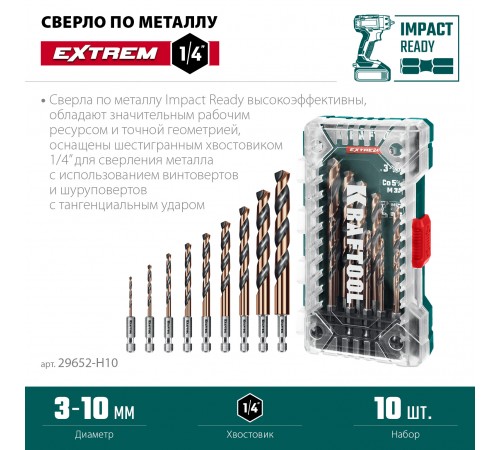 Набор сверл по металлу KRAFTOOL HEX-1/4" 10шт. IMPACT READY 29652-H10