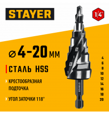 STAYER Pro-Max 4-20 мм, 9 ступеней, винтовая спираль, сверло ступенчатое (29661-4-20-9)