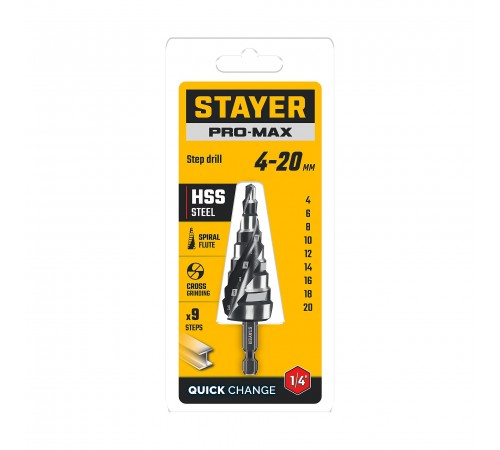 STAYER Pro-Max 4-20 мм, 9 ступеней, винтовая спираль, сверло ступенчатое (29661-4-20-9)