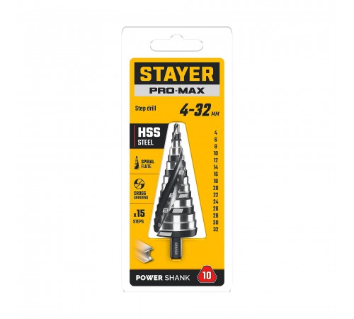 STAYER Pro-Max 4-32 мм, 15 ступеней, винтовая спираль, сверло ступенчатое (29661-4-32-15)