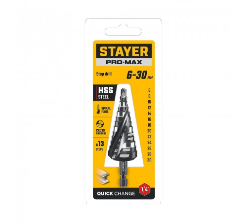 STAYER Pro-Max 6-30 мм, 13 ступеней, винтовая спираль, сверло ступенчатое (29661-6-30-13)