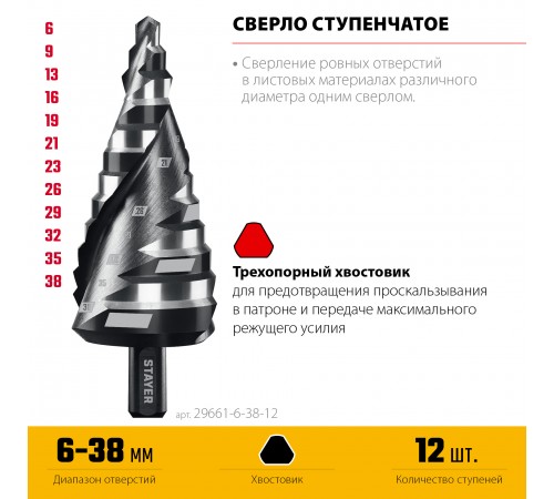 STAYER Pro-Max 6-38 мм, 12 ступеней, винтовая спираль, сверло ступенчатое (29661-6-38-12)