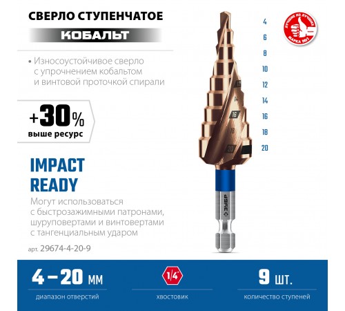 ЗУБР КОБАЛЬТ 4-20 мм, 9 ступеней, винтовая проточка, сверло ступенчатое, Профессионал (29674-4-20-9)