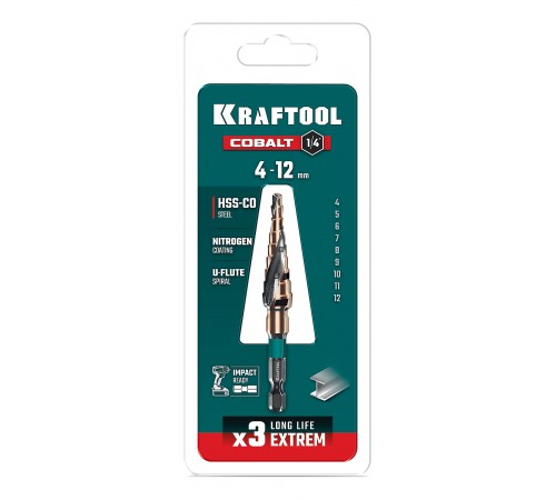 Сверло ступенчатое KRAFTOOL COBALT 9 ступеней 4-12мм 29691-4-12-9