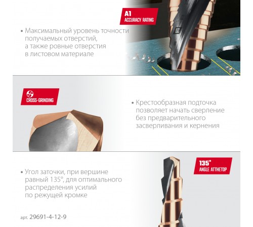 Сверло ступенчатое KRAFTOOL COBALT 9 ступеней 4-12мм 29691-4-12-9