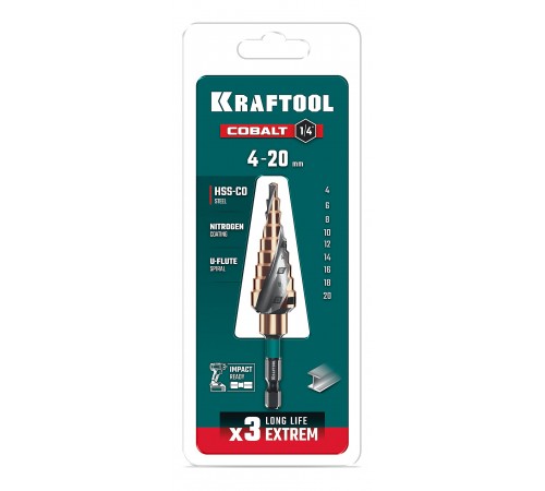 Сверло ступенчатое KRAFTOOL COBALT 9 ступеней 4-20мм 29691-4-20-9
