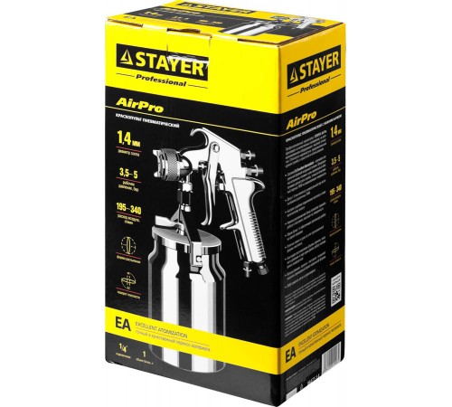 STAYER  AirPro S, EA 1.4 мм, пневматический краскопульт с нижним бачком, Professional (06477-1.4)