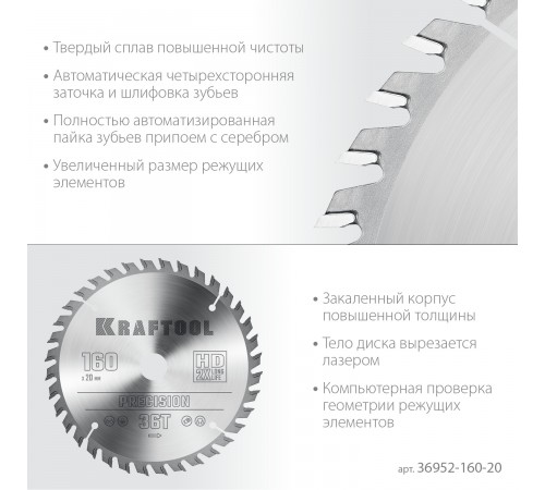 36952-160-20 Диск пильный по дереву KRAFTOOL PRECISSION 160х20мм 36Т