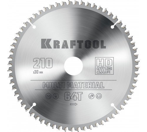 Диск пильный по алюминию KRAFTOOL Multi Material 210х30мм 64Т 36953-210-30