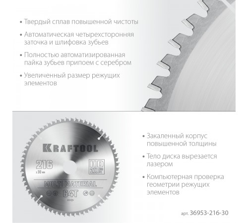 Диск пильный по алюминию KRAFTOOL Multi Material 216х30мм 64Т 36953-216-30