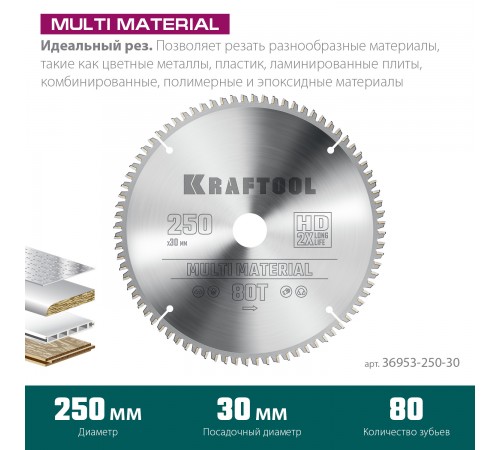 Диск пильный по алюминию KRAFTOOL Multi Material 250х30мм 80Т 36953-250-30