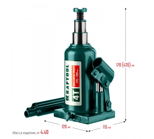 43463-4 Домкрат KRAFTOOL DOUBLE RAM 4 т двухштоковый бутылочный с увелич.подъемом 170-420мм KRAFT B