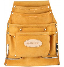 38517 Сумка поясная STAYER PROFRSSIONAL для инструментов кожаная 10 карманов 2 скобы