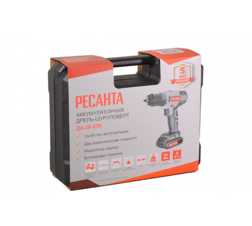 Дрель-шуруповерт аккумуляторная Ресанта ДА-20-2ЛК (2,0 А/ч) 75/14/11
