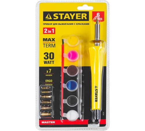 45220 Прибор для выжигания STAYER "MASTER" с набором насадок 7шт и красками