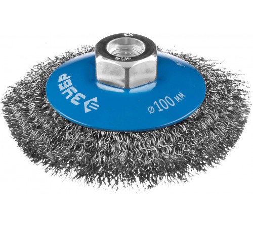 35265-100_z02 Щетка коническая для УШМ ЗУБР ПРОФЕССИОНАЛ, витая стальная проволока 0,3мм,100ммхМ14