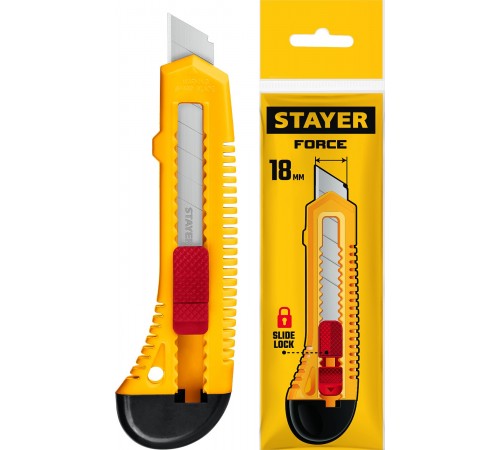 0911_z01 Нож STAYER FORCE, 18мм, упрочненный из АБС пластика со сдвижным фиксатором