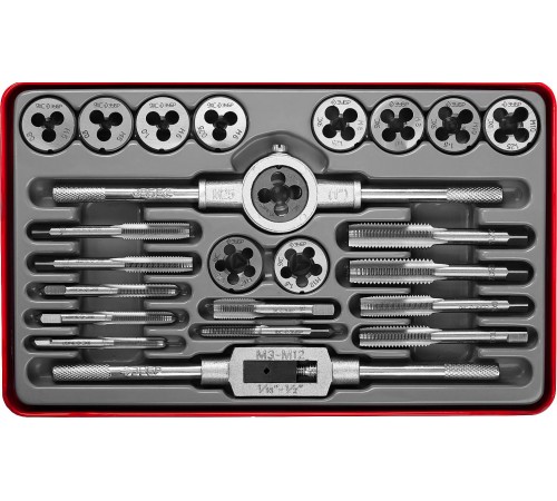 28116-H24_z01 Набор метчиков и плашек ЗУБР 24 предмета сталь 9ХС