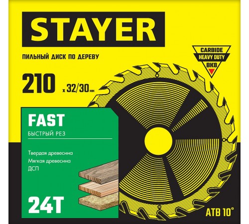 Пильный диск по дереву STAYER Fast 210х32/30 мм 3680-210-32-24_z01
