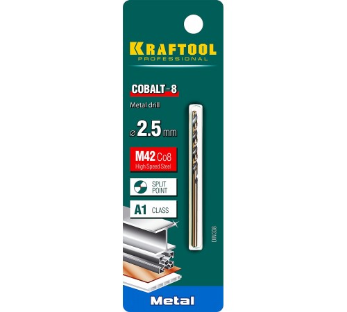 29656-2.5 Сверло по металлу KRAFTOOL COBALT HSS-Co(8%) 2,5х57мм, стальM42(S2-10-1-8)