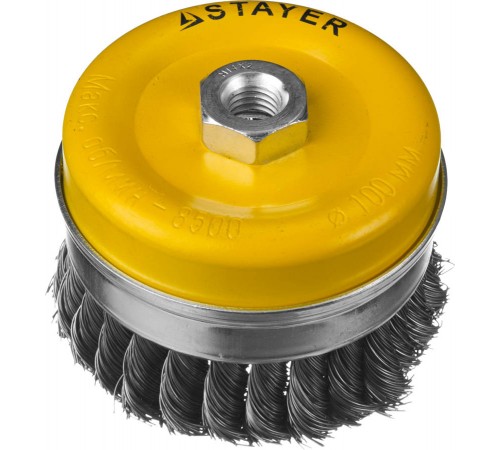 35137-100 Щетка чашечная усиленная для УШМ STAYER PROFESSIONAL, стальная проволока 0,5мм, 100ммхМ14