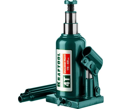 43463-4 Домкрат KRAFTOOL DOUBLE RAM 4 т двухштоковый бутылочный с увелич.подъемом 170-420мм KRAFT B