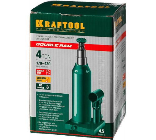 43463-4 Домкрат KRAFTOOL DOUBLE RAM 4 т двухштоковый бутылочный с увелич.подъемом 170-420мм KRAFT B