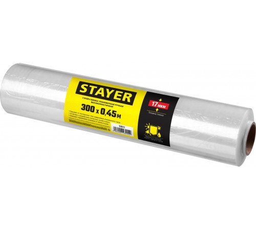 STAYER 300 м х 450 мм, 17 мкм УФ стойкая,ручная, упаковочная стрейч-пленка 12611