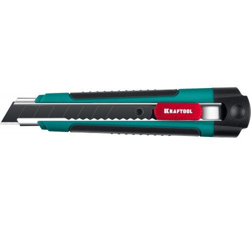 09199 Нож KRAFTOOL сегмент. лезвие 18мм,2-х комп.корпус,автостоп,отсек для хранения зап.лезвий