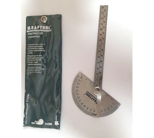 34290 Транспортир KRAFTOOL с линейкой из нержавеющей стали, 145мм, чехол