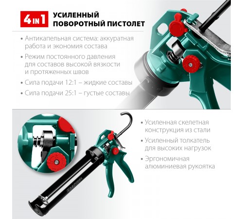 Пистолет для герметика KRAFTOOL EXPERT, 310 мл, скелетный, поворотный, 4в1 06675