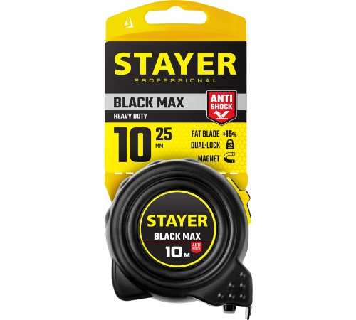 Рулетка STAYER BlackMax 10мx25мм Professional с двумя фиксаторами 3410-10_z02