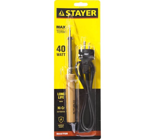 55310-40 Паяльник STAYER MASTER MAXTerm с деревянной рукояткой, долговечное жало, 40Вт, клин