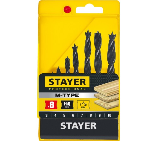 STAYER 8 шт. 3-4-5-6-7-8-9-10 мм, набор спиральных сверл по дереву "M-type" 2942-H8_z02 Professional