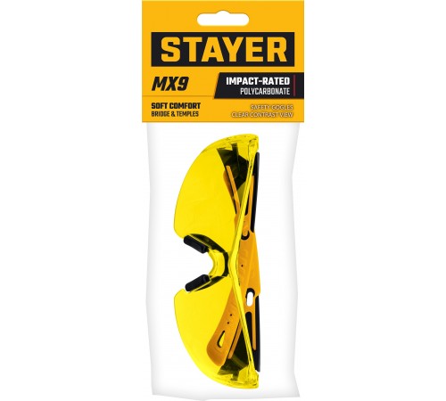 110491 Очки защитные STAYER MX-9 желтые,двухкомпонентные дужки,открытого типа