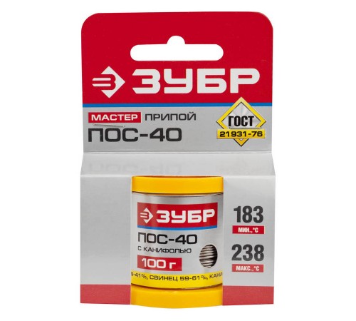 55451-100-10С Припой ЗУБР, ПОС 40, трубка с канифолью, 100 гр, 1 мм