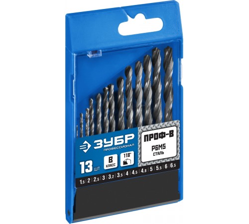 29621-H13 Набор сверл по металлу ЗУБР ПРОФ-В, 13 шт(1.5-6.5мм) сталь Р6М5, класс В