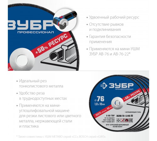 36200-76-1.0-H5_z03 Круги отрезные по металлу ЗУБР 76х1,0х10 мм набор 5шт, для мини УШМ, АВ-76.