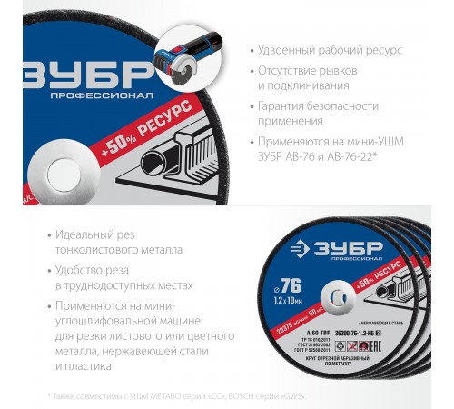 36200-76-1.2-H5_z03 Круги отрезные по металлу ЗУБР X-2 76х1,2х10 мм набор 5шт.