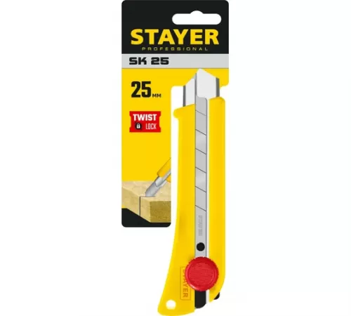 Нож с винтовым фиксатором Stayer SK-25, сегментированные лезвия 25 мм, усиленный корпус, 09173_z01